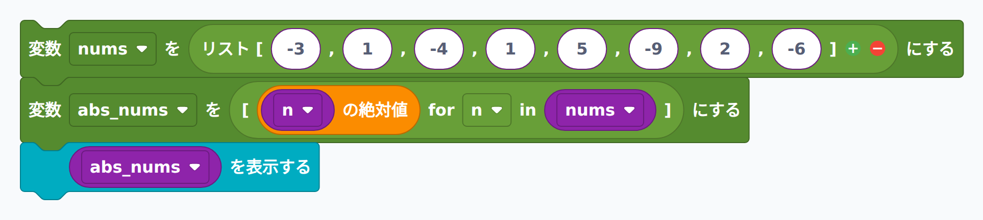 abs()で絶対値リストを作るブロック例