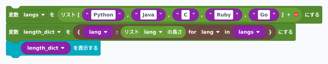 辞書内包表記で言語名と文字数を対応付けるブロック例