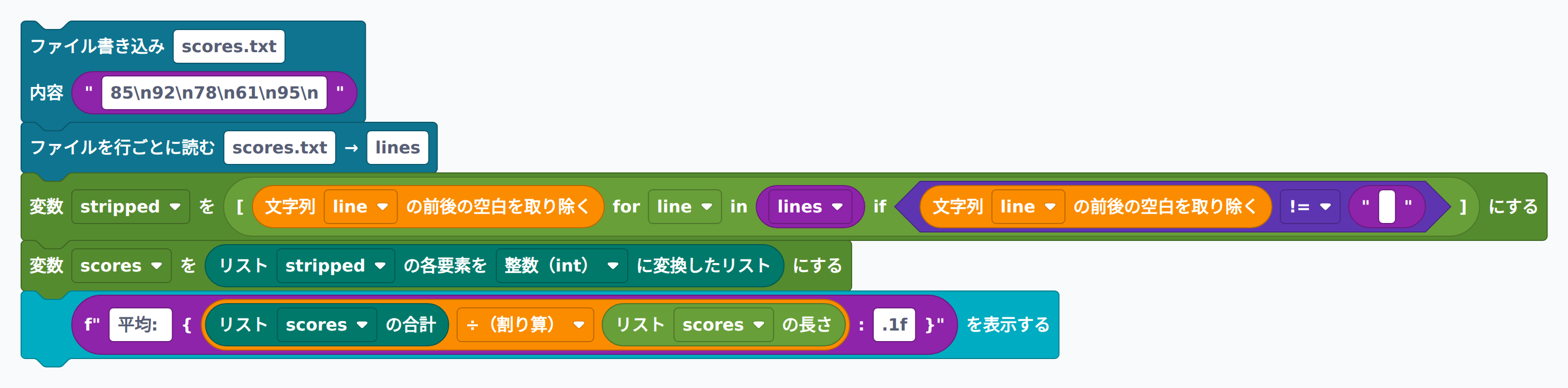 スコアをファイルに書いて平均を計算するブロック例