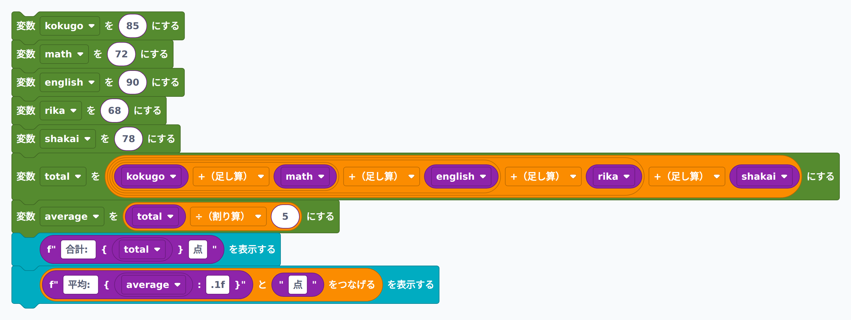 5科目の合計・平均を計算するブロック例