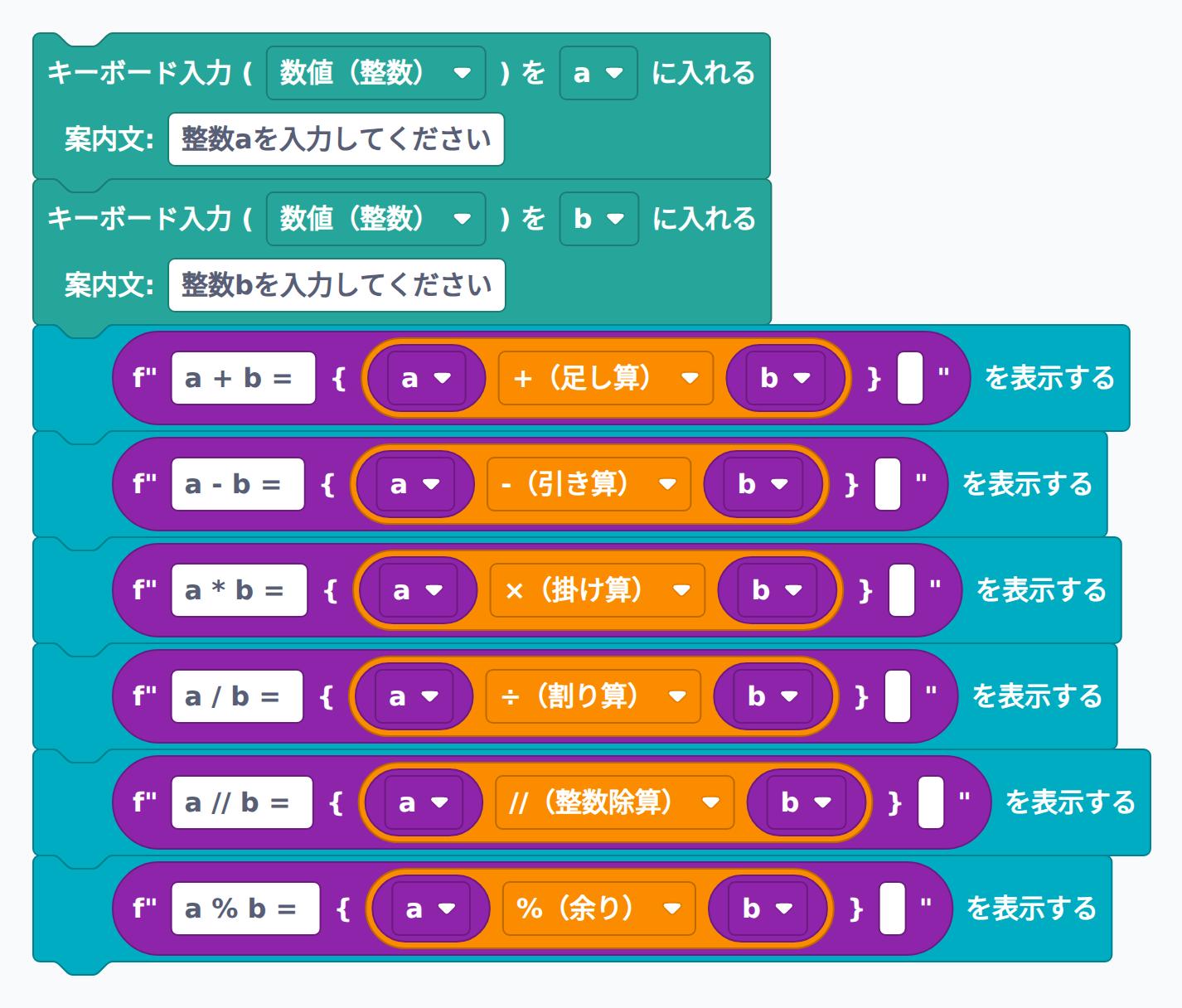 四則演算の結果をまとめて表示するブロック例